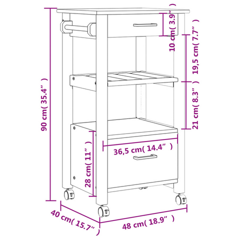 Kitchen Trolley | 48x40x90 cm | Solid Wood Pine | Multi-Functional Storage and Mobility | White and Honey Wax Finish