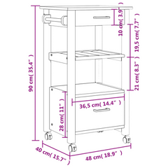 Kitchen Trolley | 48x40x90 cm | Solid Wood Pine | Multi-Functional Storage and Mobility | White and Honey Wax Finish