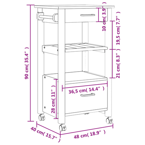 Kitchen Trolley - 48x40x90 cm - Solid Pine Wood - Stylish & Durable Rolling Cart for Kitchen Storage