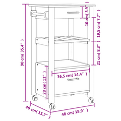 Kitchen Trolley - 48x40x90 cm - Solid Pine Wood - Stylish & Durable Rolling Cart for Kitchen Storage