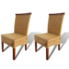 Set of 2 Brown Natural Rattan Dining Chairs - Handwoven, Solid Mango Wood Frame