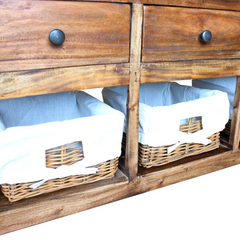 Rustic Mahogany Wood Sideboard with Rattan Baskets & Drawers - 100x30x50 cm