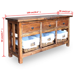 Rustic Mahogany Wood Sideboard with Rattan Baskets & Drawers - 100x30x50 cm