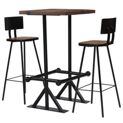 3-Piece Bar Set in Solid Reclaimed Wood – Industrial Style with Steel Frame, Including 1 Bar Table and 2 Bar Chairs