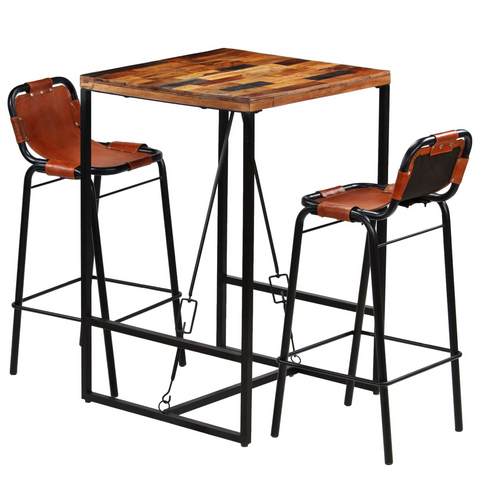 Bar Set - 3 Pieces: Solid Reclaimed Wood & Genuine Goat Leather - Industrial Vintage Style, Durable & Unique Bar Table and Chairs for Kitchens & Dining Rooms