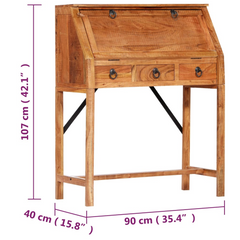 Solid Acacia Wood Writing Desk - 90x40x107cm, Vintage Style with Ample Storage