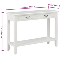 Classic White Console Table - 110x35x80 cm, Solid Wood with Drawers & Shelf