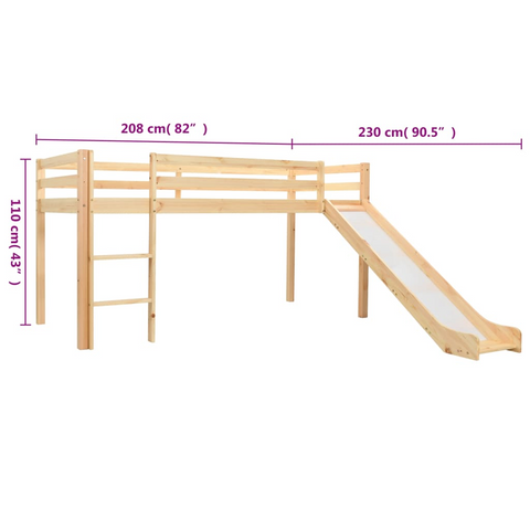 Children's Loft Bed Frame with Slide & Ladder, Pinewood, 97x208 cm – Fun & Functional Space-Saving Design