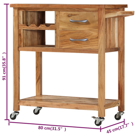 Solid Acacia Wood Kitchen Trolley - 80 x 45 x 91 cm, Multi-Purpose Storage Cart