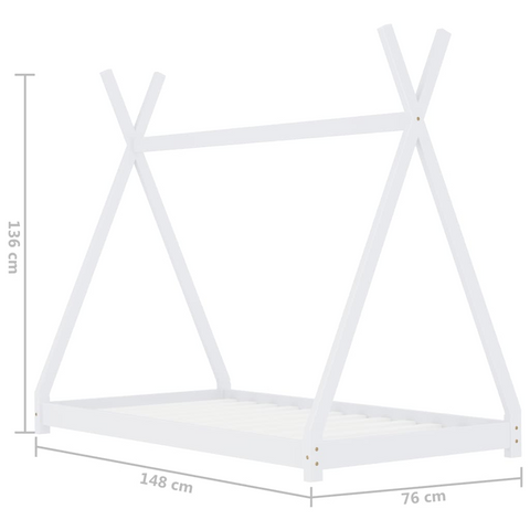 Kids Bed Frame, White, Solid Pine Wood, 70x140 cm - Tipi Style