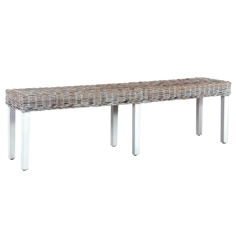 160 cm Bench in White and Natural Kubu Rattan with Solid Mango Wood Legs 