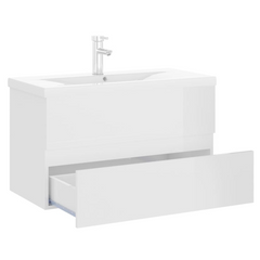 High Gloss White Sink Cabinet with Built-In Ceramic Basin - Modern Engineered Wood Bathroom Vanity