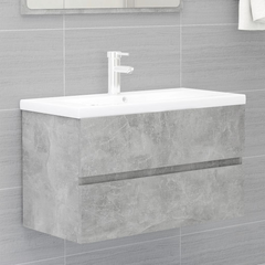 Concrete Grey Engineered Wood Sink Cabinet with Built-in Ceramic Basin - Modern Bathroom Storage Solution