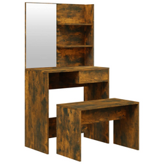 Smoked Oak Dressing Table Set with Mirror & Stool - 74.5x40x141 cm