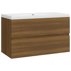 Brown Oak Engineered Wood Sink Cabinet with Built-in Ceramic Basin - Stylish & Functional Bathroom Storage