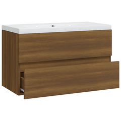 Brown Oak Engineered Wood Sink Cabinet with Built-in Ceramic Basin - Stylish & Functional Bathroom Storage