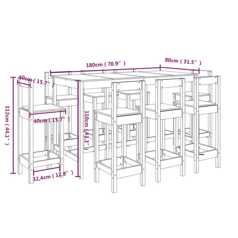 9-Piece Bar Set in Black | Solid Pine Wood Bar Table & Chairs for Home Dining