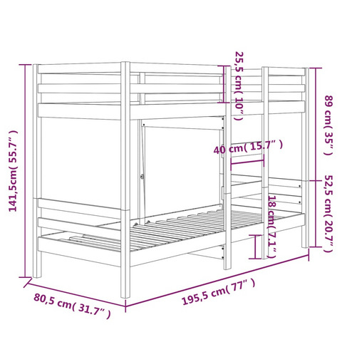 Solid Pine Wood Bunk Bed in White, Small Single 75x190 cm, Space-Saving & Safe Design - Perfect for Kids Bedrooms