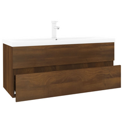 Brown Oak Engineered Wood Sink Cabinet with Built-In Basin - Modern Bathroom Storage Solution