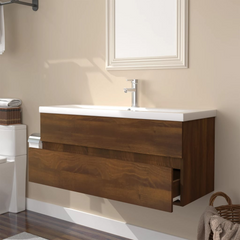 Brown Oak Engineered Wood Sink Cabinet with Built-In Basin - Modern Bathroom Storage Solution