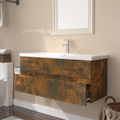 Smoked Oak Sink Cabinet with Built-in Ceramic Basin - Stylish & Functional Bathroom Storage Solution