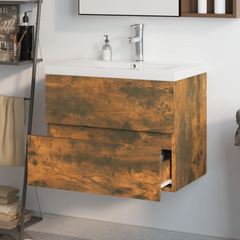 Sink Cabinet with Built-in Basin in Smoked Oak - Engineered Wood, Modern Bathroom Vanity