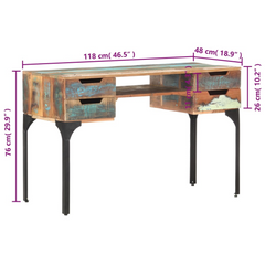 Solid Reclaimed Wood Desk with Iron Legs - 118x48x75 cm | Vintage Style Office Desk with Ample Storage