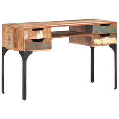 Solid Reclaimed Wood Desk with Iron Legs - 118x48x75 cm | Vintage Style Office Desk with Ample Storage