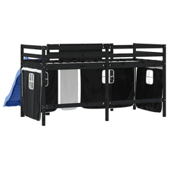 Kids' Loft Bed with Fun Curtains, Ladder & Slide - 90x200cm, Solid Pine Wood, White & Black