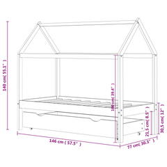 Kids Bed Frame with Drawer, White Solid Pine Wood, 70x140 cm - Tree House Style, Sturdy and Durable with Extra Storage