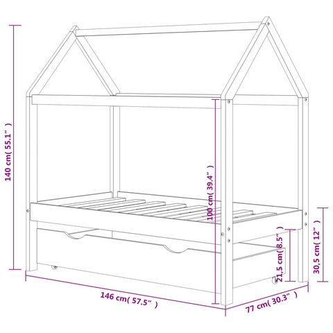 Kids Bed Frame with Drawer, Solid Pine Wood, Tree House Style, 70x140 cm - Perfect Bed for Kids with Storage