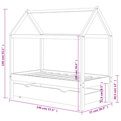 Kids Bed Frame with Drawer, Solid Pine Wood, Tree House Style, 70x140 cm - Perfect Bed for Kids with Storage