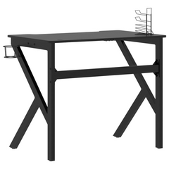 Ergonomic Gaming Desk with K Shape Legs in Black - 90x60x75 cm - Includes Earphone Rack, Controller Rack & Cup Holder