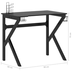 Ergonomic Gaming Desk with K Shape Legs in Black - 90x60x75 cm - Includes Earphone Rack, Controller Rack & Cup Holder