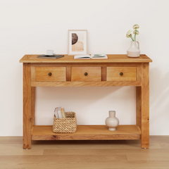 Elegant Console Table - 110x35x75 cm | Solid Oak Wood | 3 Drawers & Shelf | Sturdy & Stylish