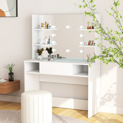 White Makeup Table with LED Lights, Mirror & Storage - 100x40x135 cm, Modern MDF Vanity Desk