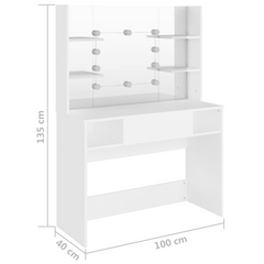 White Makeup Table with LED Lights, Mirror & Storage - 100x40x135 cm, Modern MDF Vanity Desk