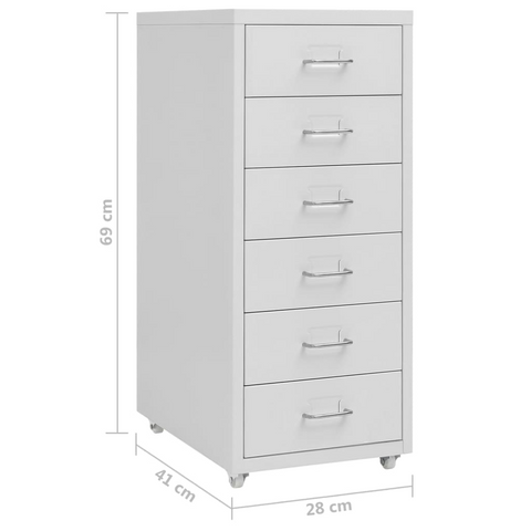 Mobile File Cabinet - Durable Grey Metal, 6 Drawers, 28x41x69 cm, with Wheels