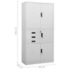 Steel Office Cabinet with Adjustable Shelves & Lock - Light Grey, 90x40x180 cm