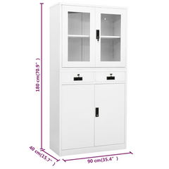 Office Cabinet White - Durable Steel & Tempered Glass (90x40x180 cm) - Ideal for Organized File Storage