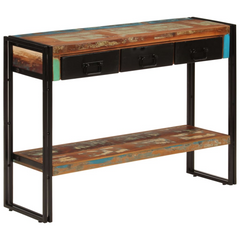 Industrial Console Table | 110x30x76 cm | Solid Reclaimed Wood & Iron Legs | Ample Storage with 3 Drawers & Shelf | Eco-Friendly, Unique Handmade Design