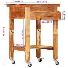 Solid Wood Acacia Kitchen Trolley with Drawer and Shelf - 55x55x89 cm