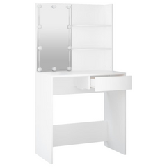 White Dressing Table with LED Lights, 74.5x40x141 cm – Elegant Makeup Vanity with Storage Drawer and Open Shelves