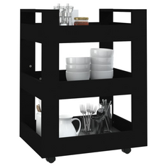 Black Kitchen Trolley - 60x45x80 cm - Durable Engineered Wood Storage Cart with Wheels and Shelves