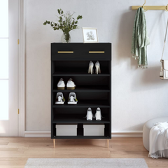 Modern Black Shoe Cabinet - Engineered Wood, Spacious Storage, 60x35x105 cm