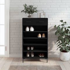 Stylish Black Shoe Cabinet - 60x35x105 cm | Engineered Wood | Ample Storage with Drawer & Open Shelves