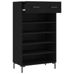 Stylish Black Shoe Cabinet - 60x35x105 cm | Engineered Wood | Ample Storage with Drawer & Open Shelves