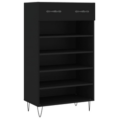 Black Engineered Wood Shoe Cabinet - 60x35x105 cm with Drawer and Open Compartments