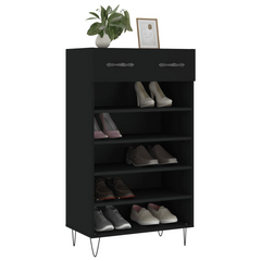 Black Engineered Wood Shoe Cabinet - 60x35x105 cm with Drawer and Open Compartments