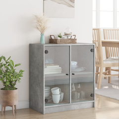 Side Cabinet with Glass Doors - Modern Concrete Grey Storage Unit, 68x37x75.5 cm